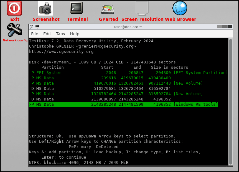 The TestDisk window in GParted Live USB.