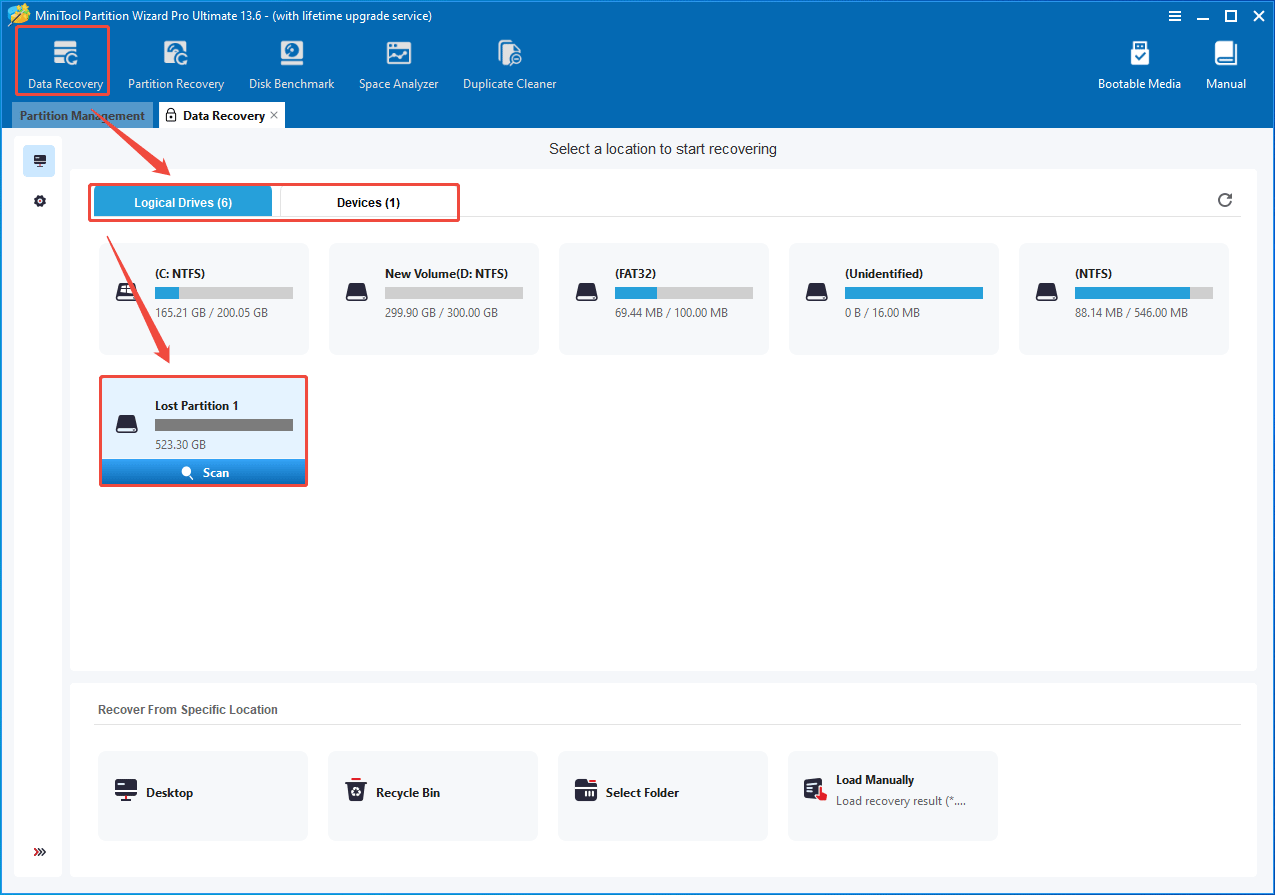 The MiniTool Partition Wizard Data Recovery interface with the Scan button on the lost partition.