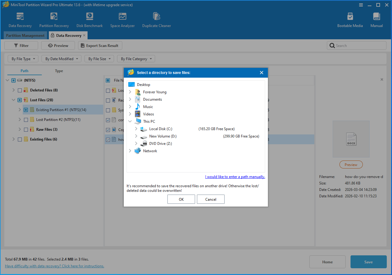 The MiniTool Partition Wizard Data Recovery interface with the window asking you to save recovered files.