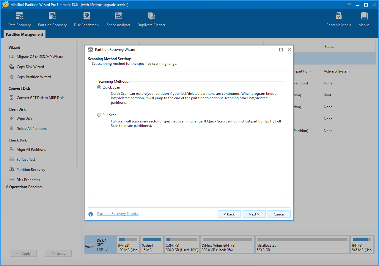 The MiniTool Partition Wizard interface with the Partition Recovery Wizard window asking you to select a scanning method.