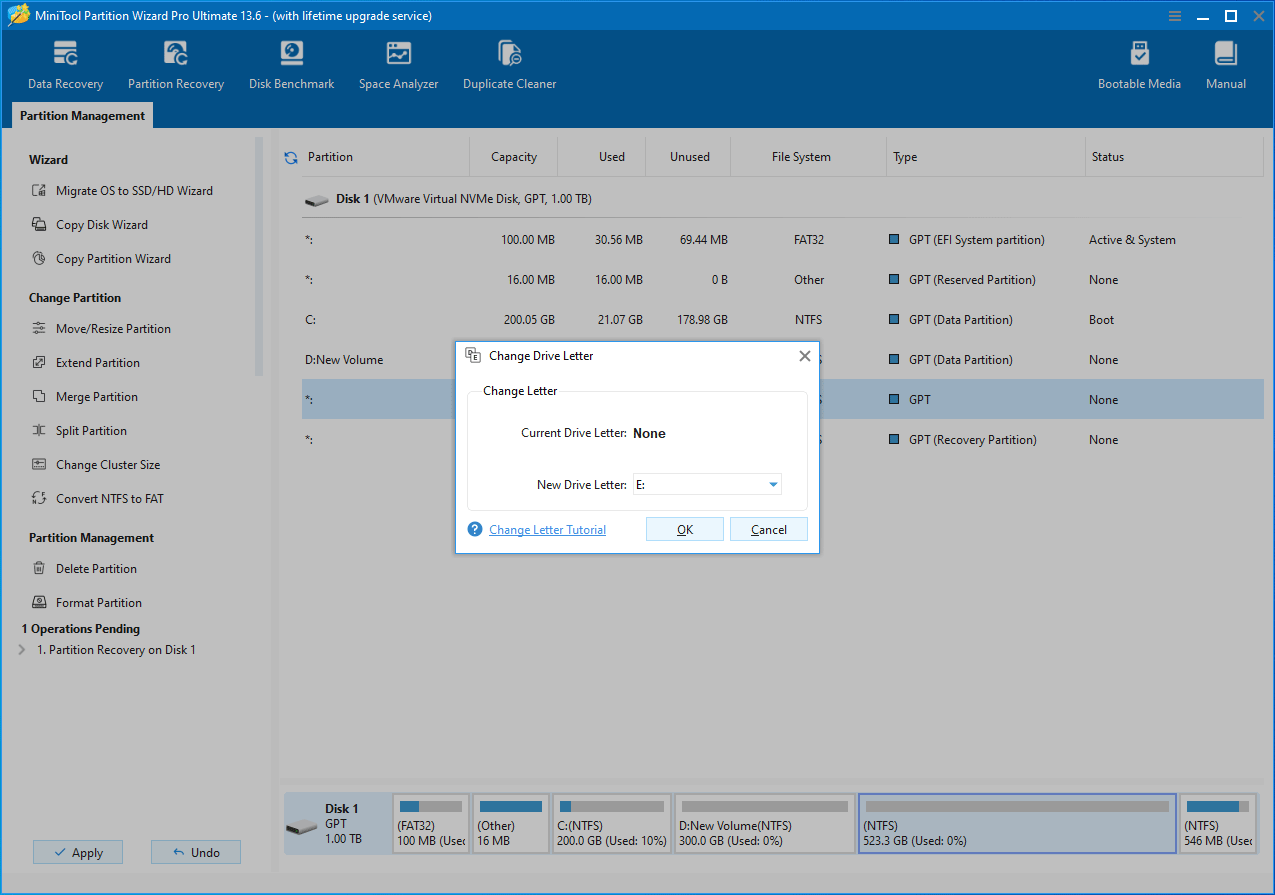 The MiniTool Partition Wizard interface with the Change Drive Letter window.