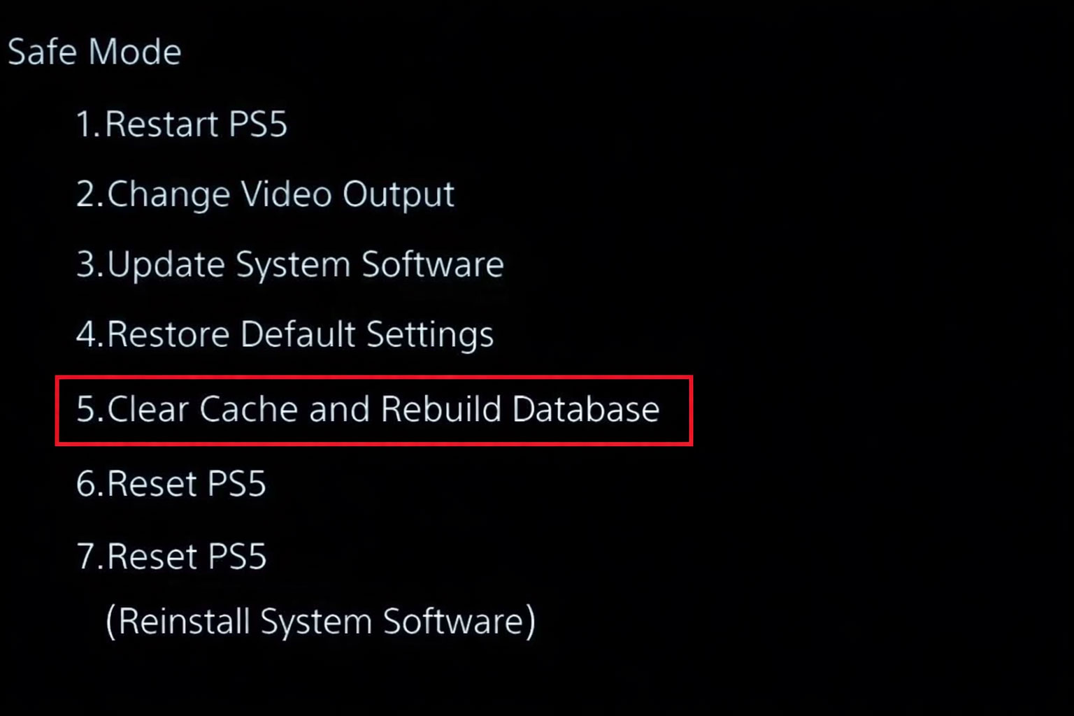 The PS5 Safe Mode interface with the selected Clear Cache and Rebuild Database option.