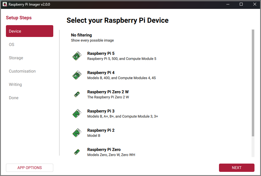 The interface of Select your Raspberry Pi Device with the selected Device and then NEXT option.