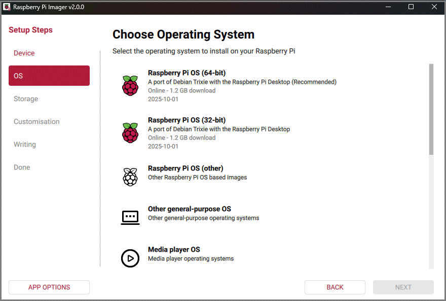 The interface of Choose Operating System with the selected OS and then NEXT option.