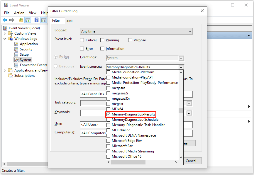 The MemoryDiagnostics Results option selected in the Filter Current Log window.