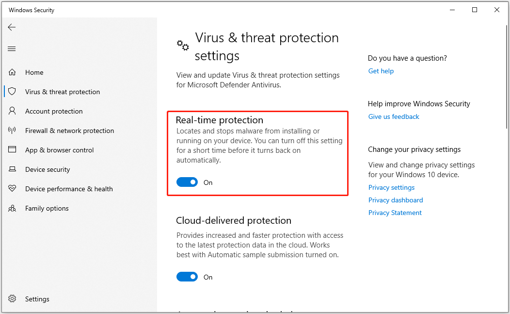 The Real time protection option in Windows Security.