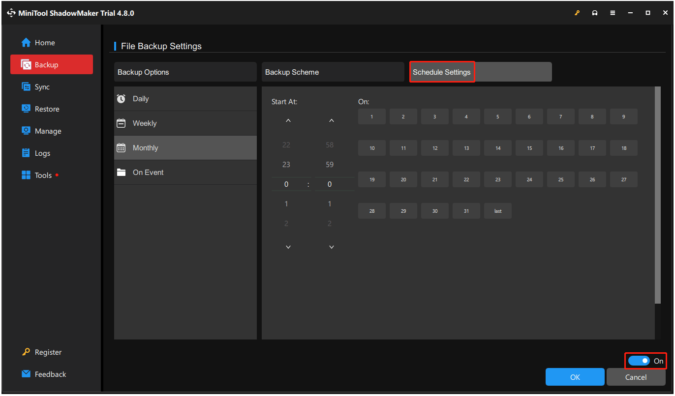 The Schedule Settings option selected to toggle on in the MiniTool ShadowMaker interface.