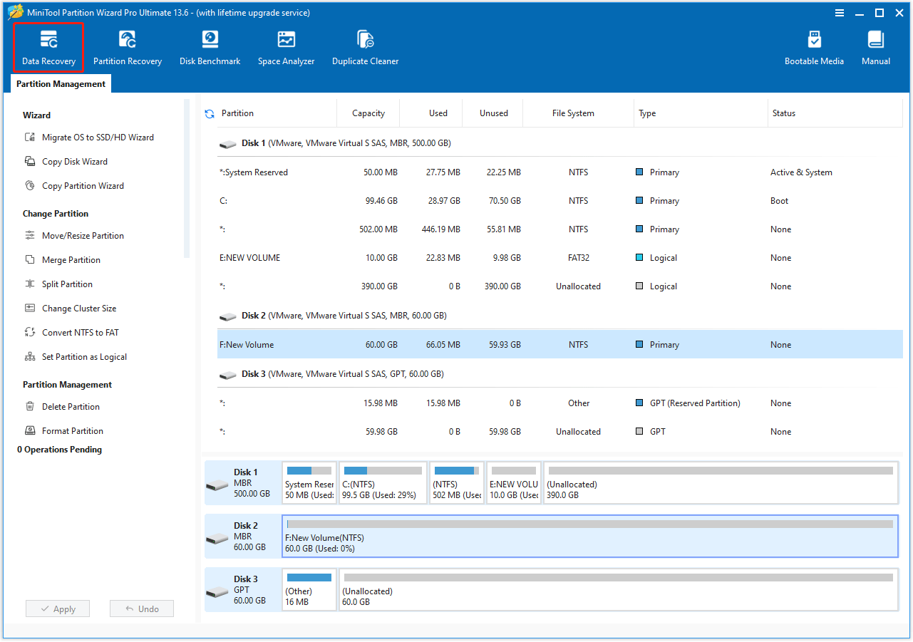 The Data Recovery feature selected in the top left corner of the MiniTool Partition Wizard interface.