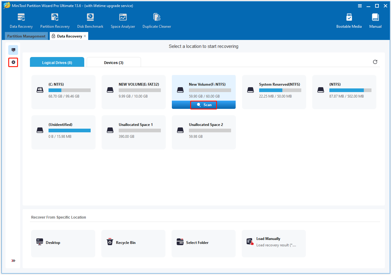 The Scan and the gear shaped option selected in the Data Recovery window of MiniTool Partition Wizard.
