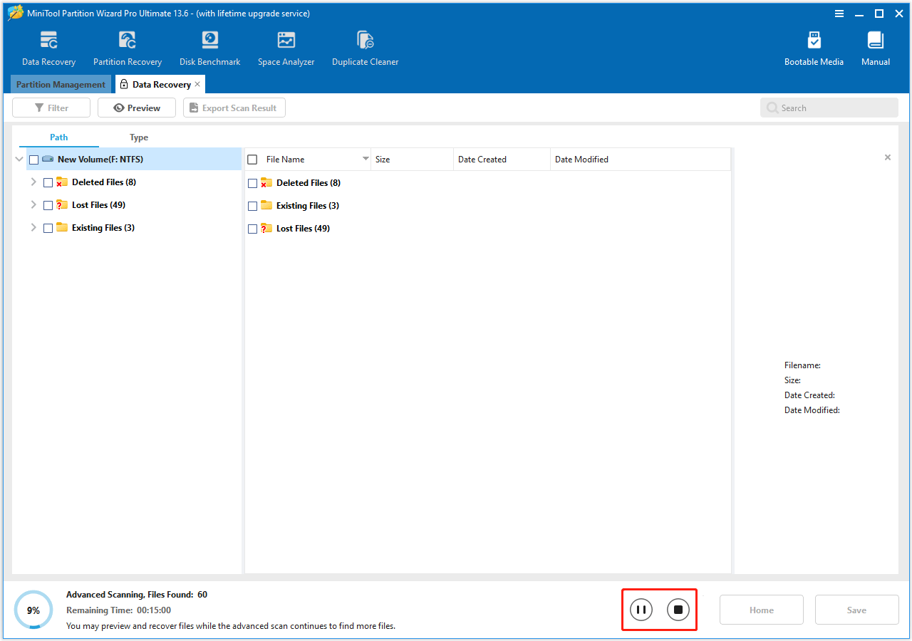 The Pause or Stop icon selected to get instant data recovery in MiniTool Partition Wizard.