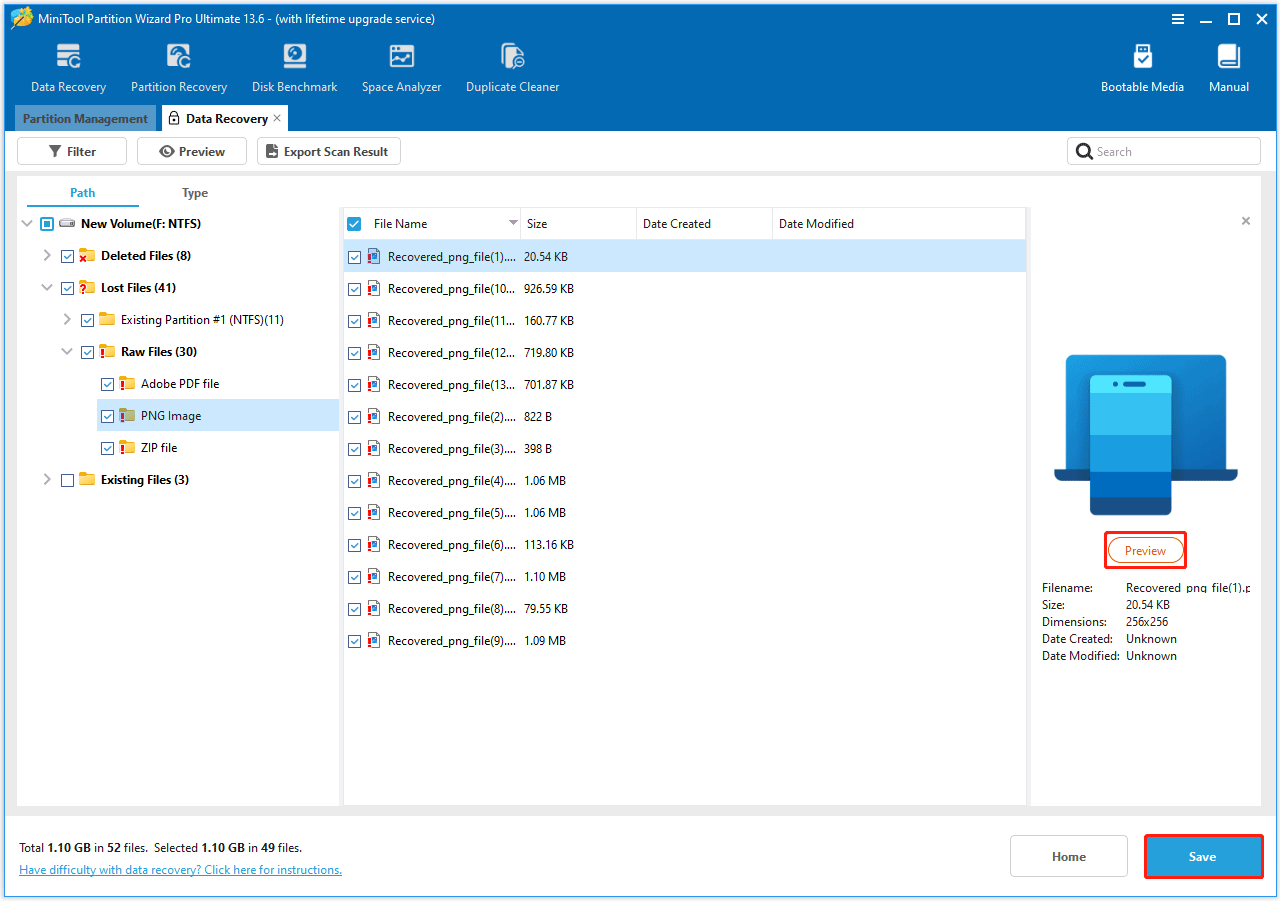 The Preview and Save button selected in the Data Recovery result page of MiniTool Partition Wizard.