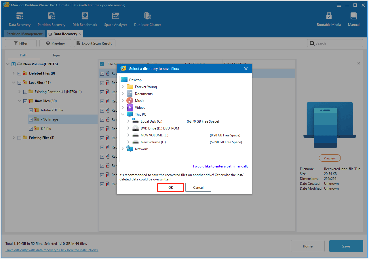 The OK button selected in the Select a directory to save files window of MiniTool Partition Wizard.