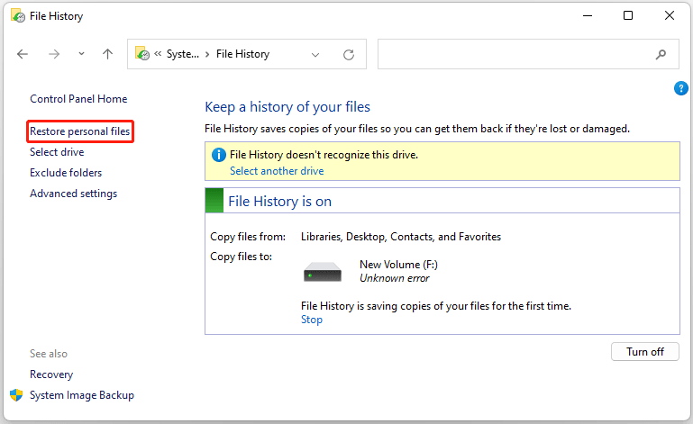 The Restore personal files option selected in the File History window.