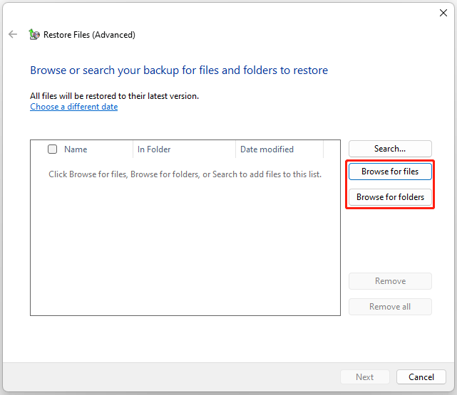 The Browse for files and Browse for folders options selected in the Restore Files window.