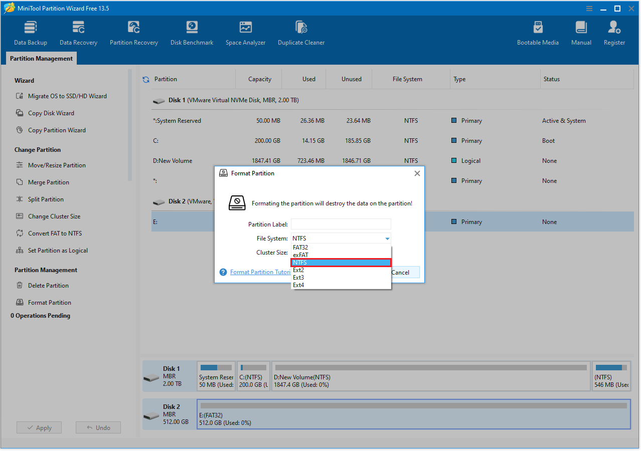MiniTool Partition Wizard interface with the Format Partition and NTFS File System option selected.