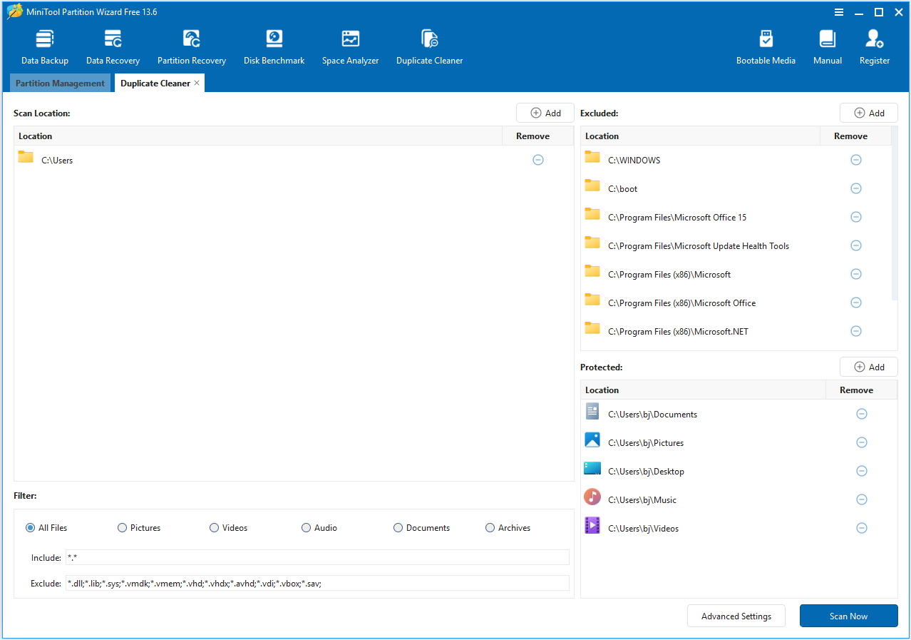 MiniTool Partition Wizard Duplicate Cleaner window with the User folder selected as the scan location.