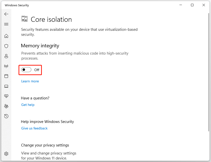 The Memory integrity switch to off in the Windows Security interface.