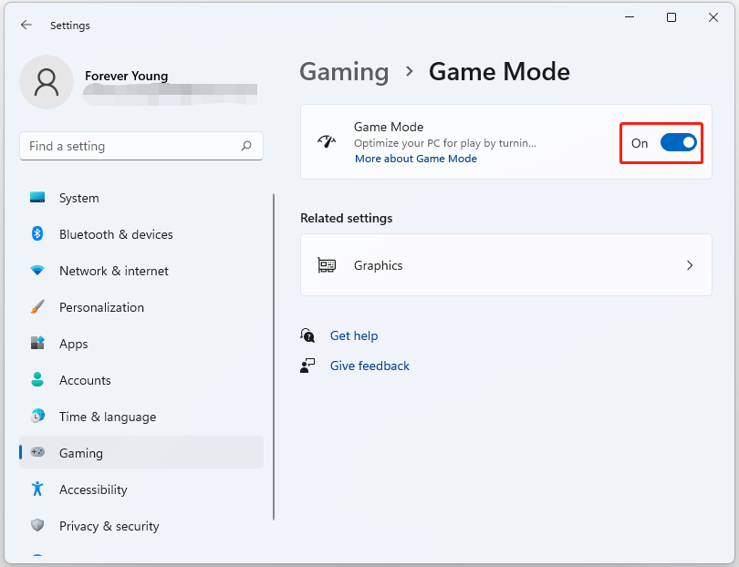 The Game Mode toggled to On in the Settings window.