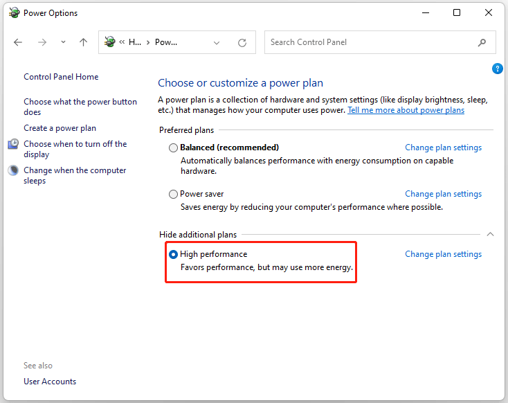 The High performance option selected in the Power Options window.