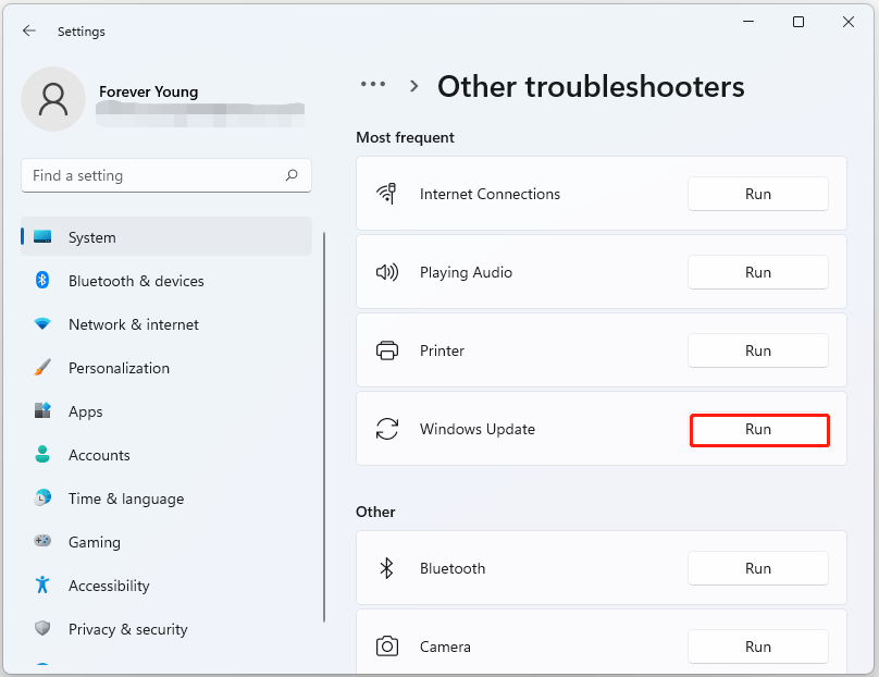 The Run button next to Windows Update selected in the Settings window.