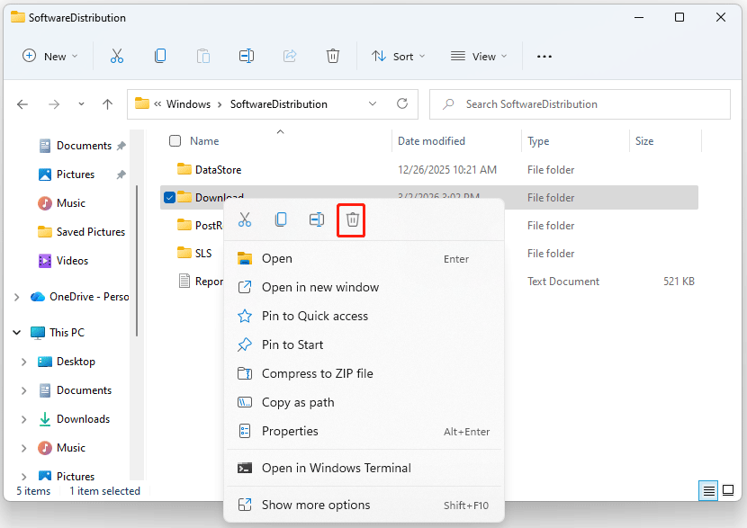 The delete icon selected in the File Explorer window.
