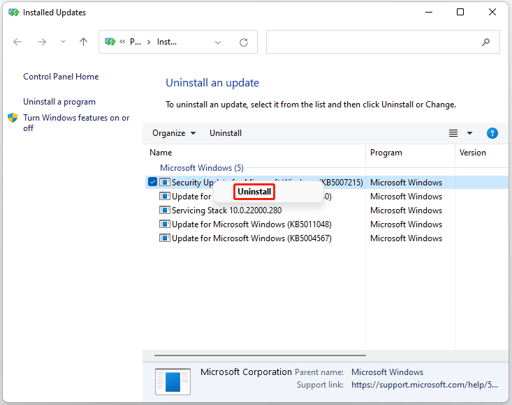 The Uninstall option selected in the Installed Updates window.