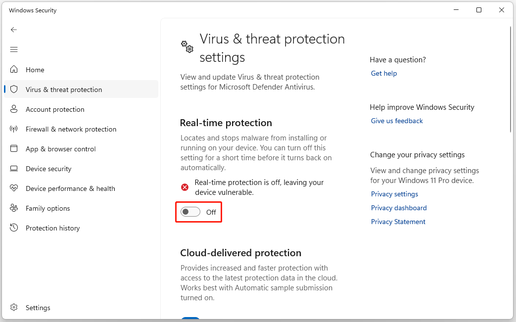 The Real time protection option selected to Off in the Windows Security window.