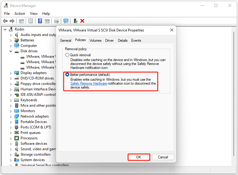The Better performance option and OK button selected in the Properties window.