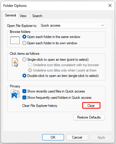 The Clear option selected in the Folder Options window.