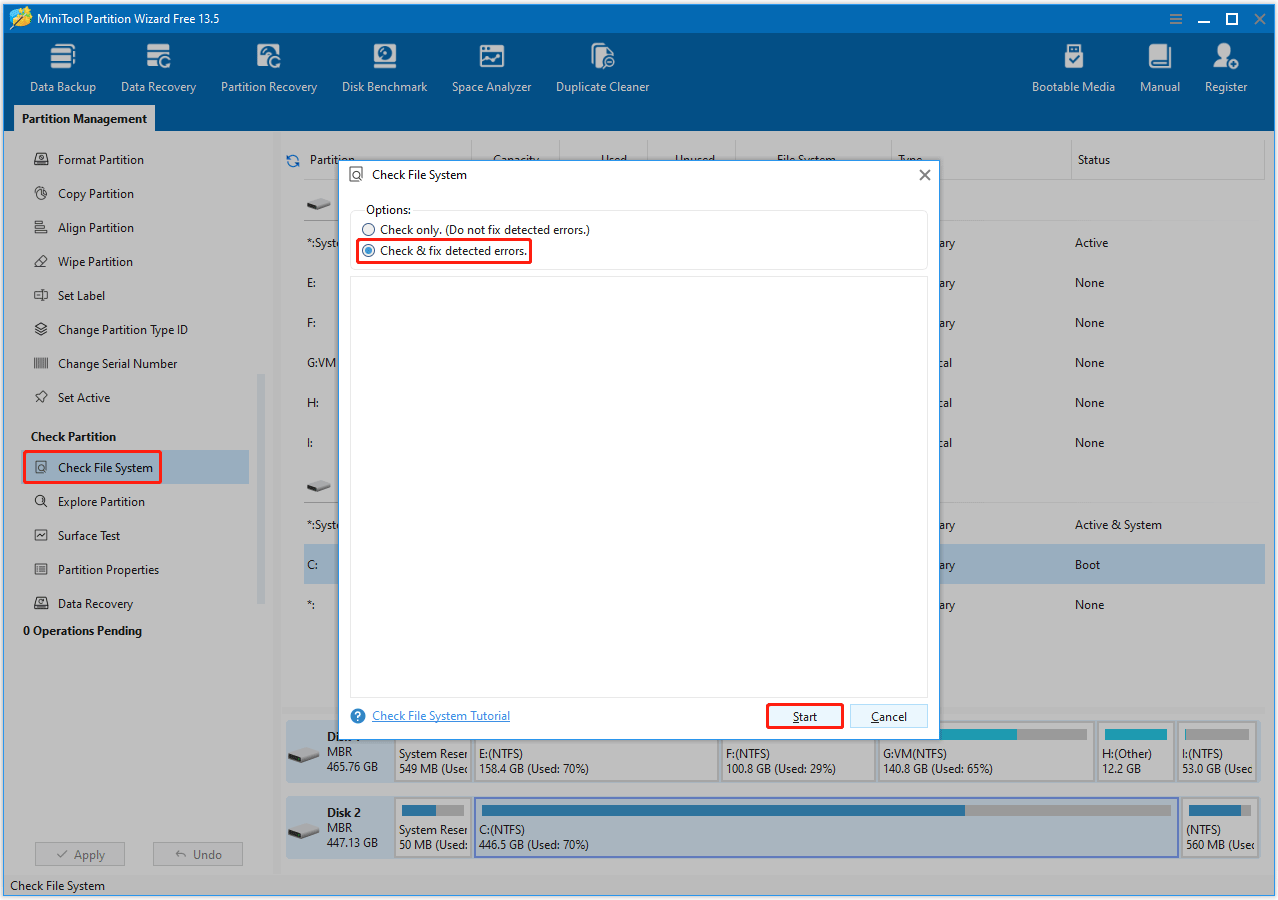The process of checking the disk file system in the MiniTool Partition Wizard interface.