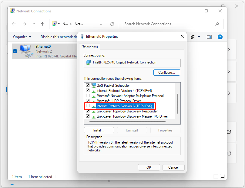 The Internet Protocol Version 6 TCP IPv6 options unchecked in the Ethernet Properties window.