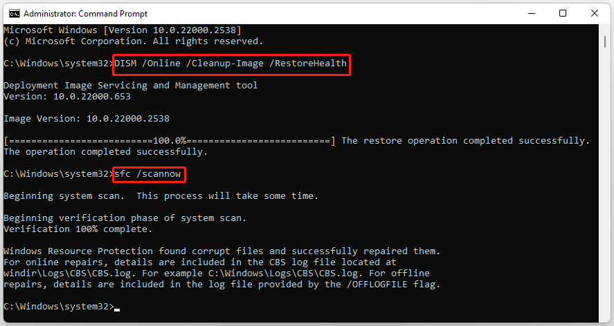 The Command Prompt interface with the DISM Online Cleanup Image RestoreHealth and sfc scannow command.