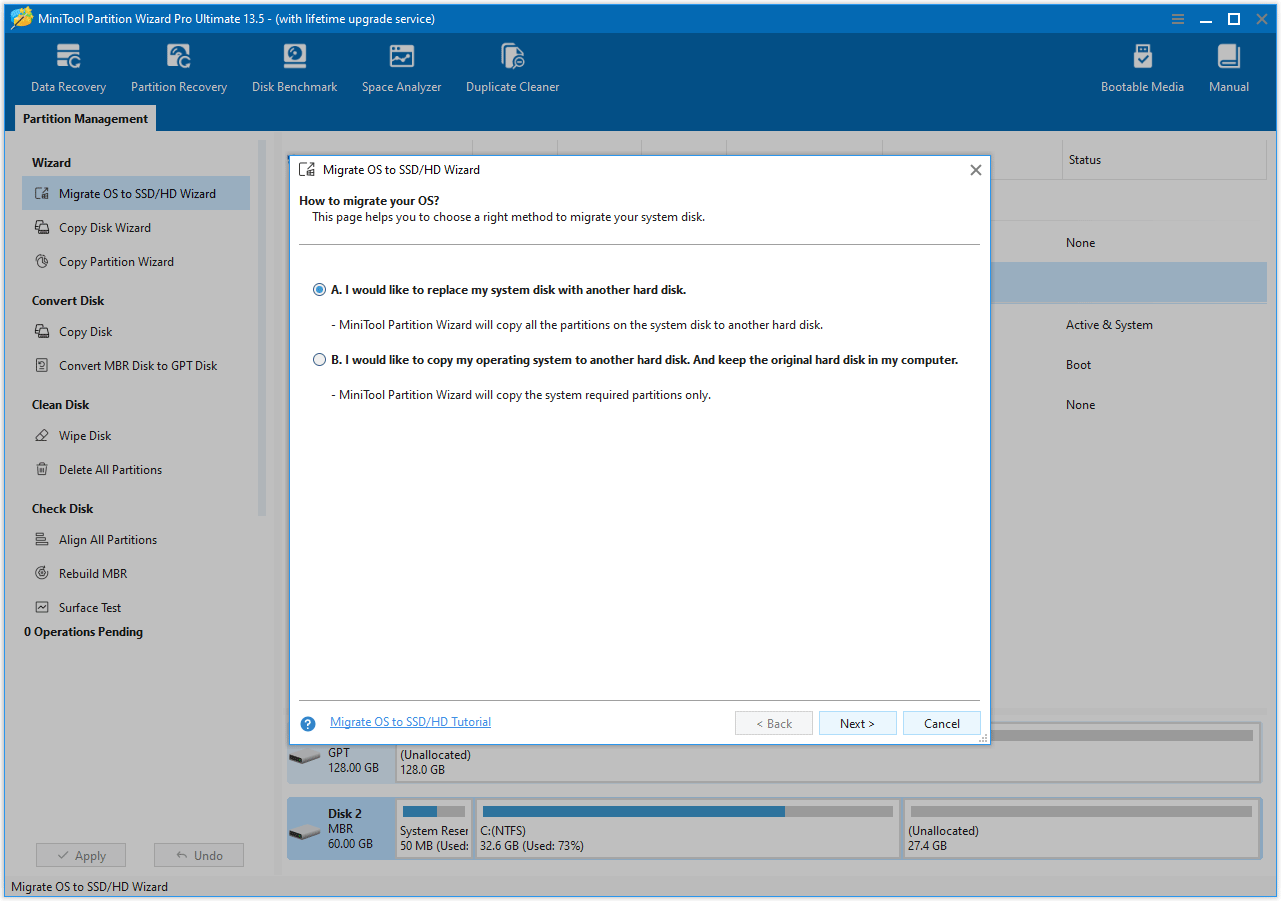 MiniTool Partition Wizard interface with the process of choosing a migration method.