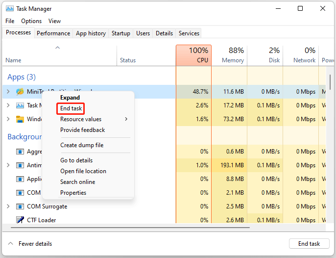 The End task option selected in the Task Manager window.