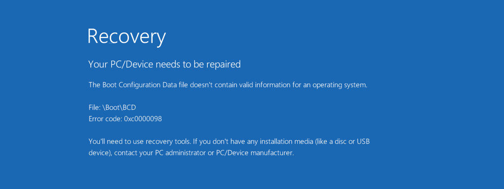 The Recovery interface with the error code 0xc0000098.