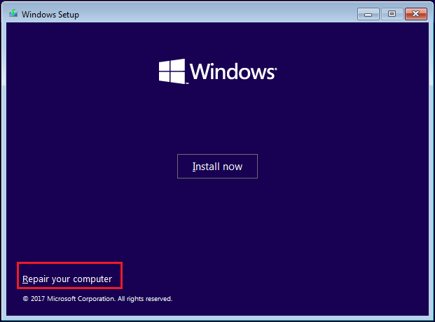 The Windows Setup interface with the selected Repair your computer option.