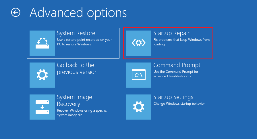The Advanced options interface with the selected Startup Repair option.