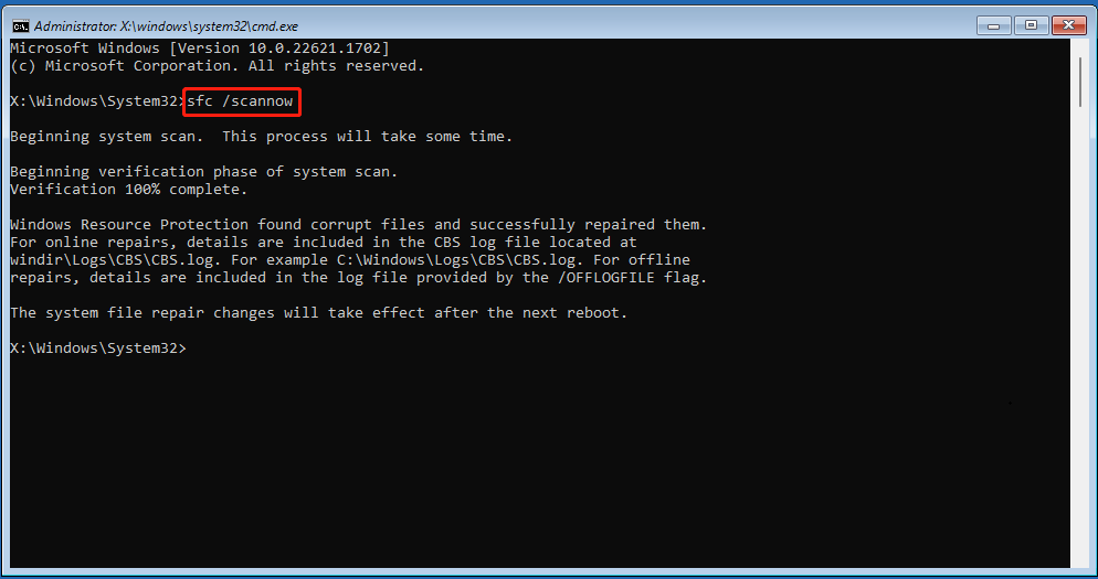 The command prompt interface with typing sfc scannow.