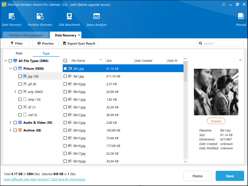 The Data Recovery interface with the selected Save option.
