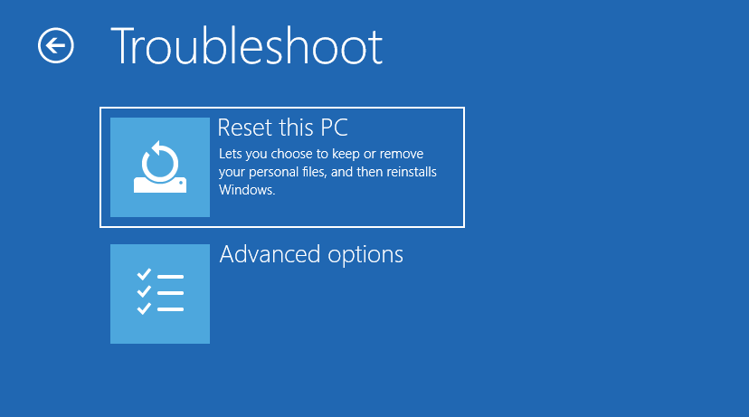 The interface of Troubleshoot with the selected Reset this PC option in WinRE.