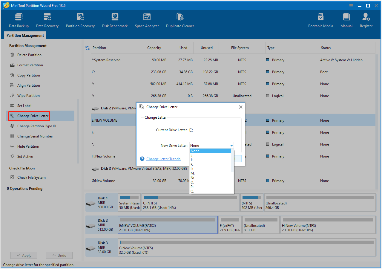 The MiniTool Partition Wizard interface with the Change Drive Letter window shown.