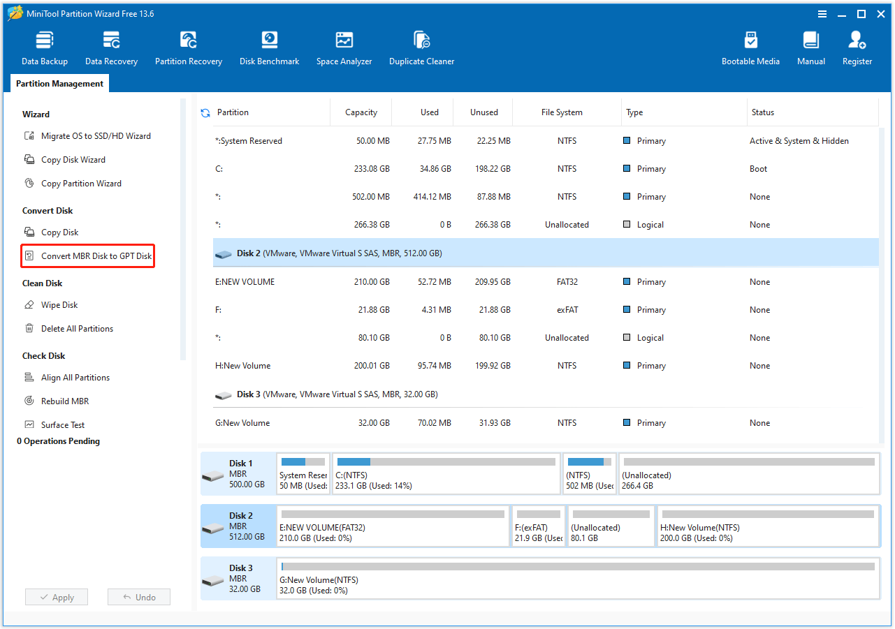 The MiniTool Partition Wizard interface with the Convert MBR Disk to GPT Disk option selected.