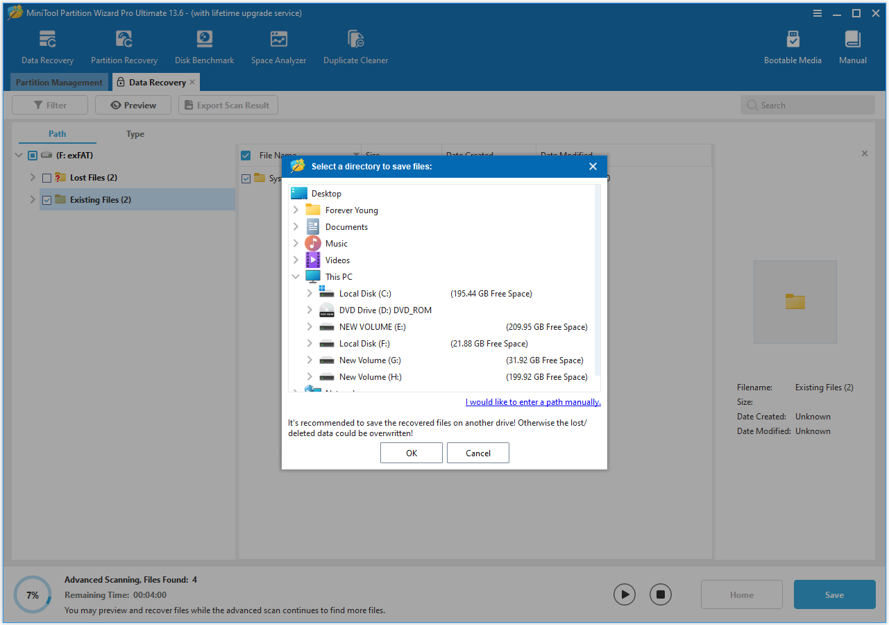 The MiniTool Partition Wizard interface with the select a directory to save files window shown.