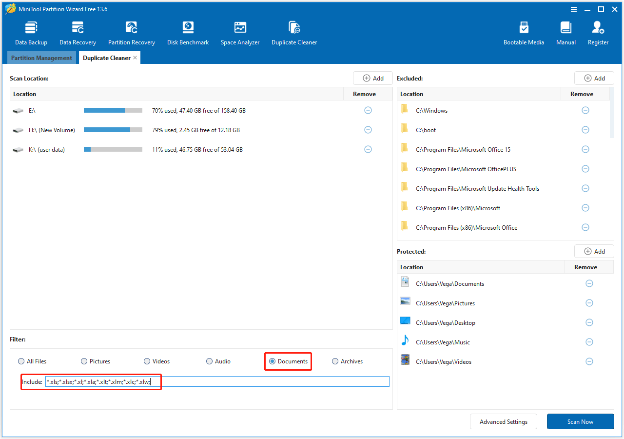The MiniTool Partition Wizard interface with the Documents and Excel file extension selected.