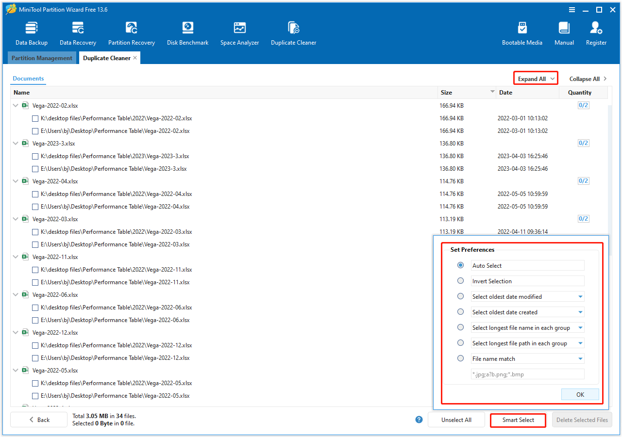 The MiniTool Partition Wizard interface with the Expand All, Smart Select, and different selection methods options selected.