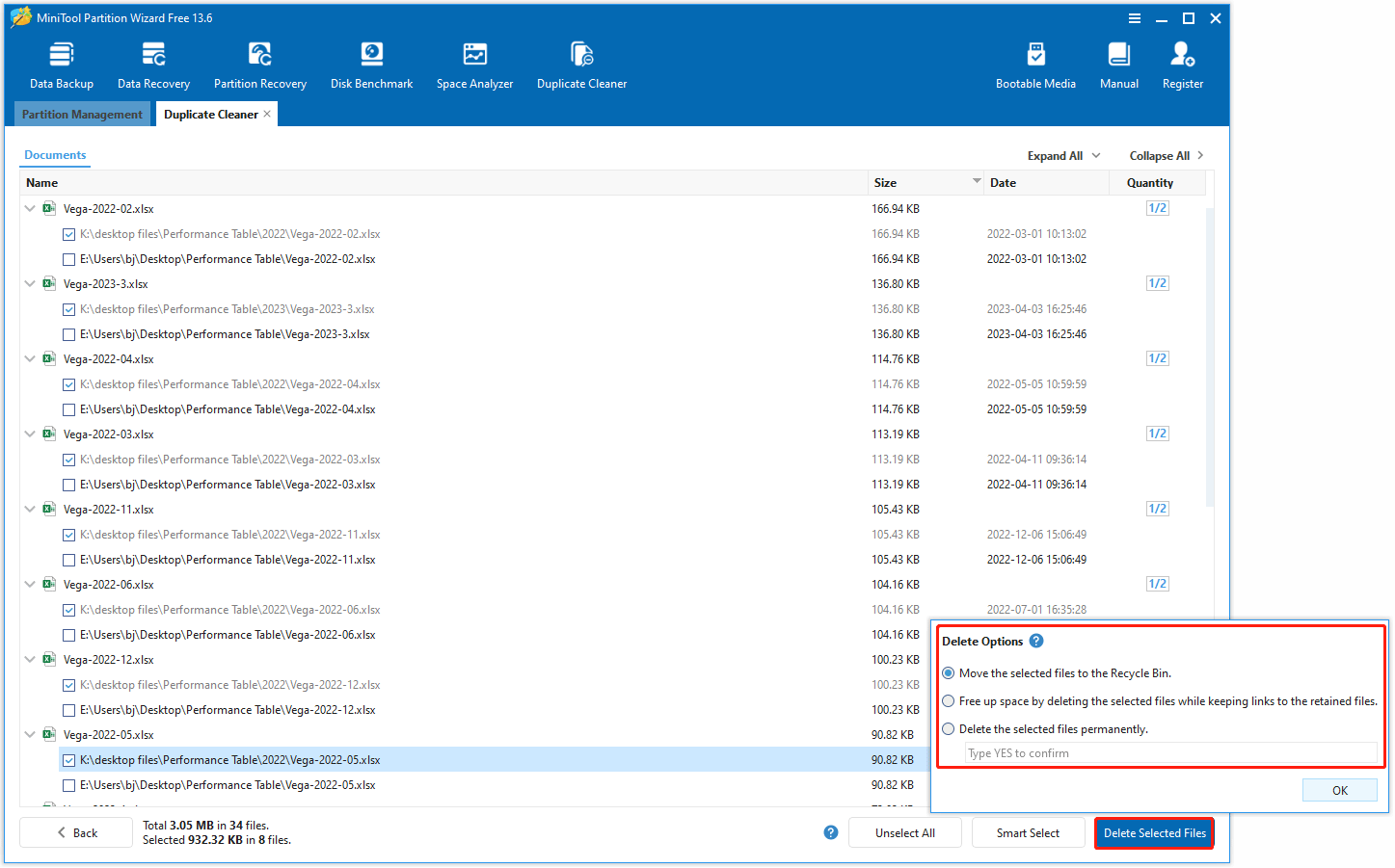 The Delete Selected Files option selected in the bottom right corner of the MiniTool Partition Wizard interface.