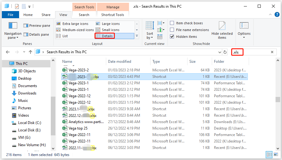 The File Explorer window with the Details and search box selected.