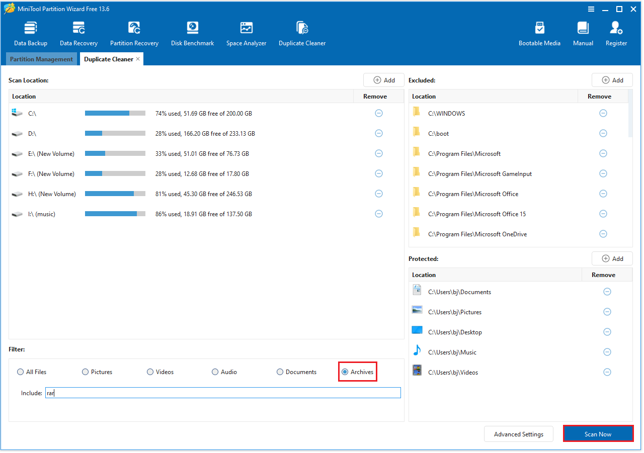 MiniTool Partition Wizard Duplicate Cleaner interface with the selected Scan Now option.