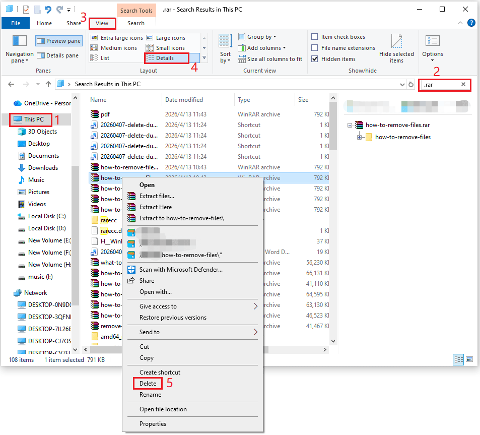File Explorer interface with the selected Delete option.