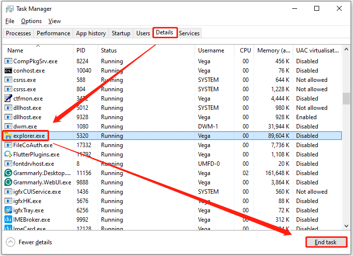 The Task Manager interface with the Detail, explorer, End Task option selected to restart.